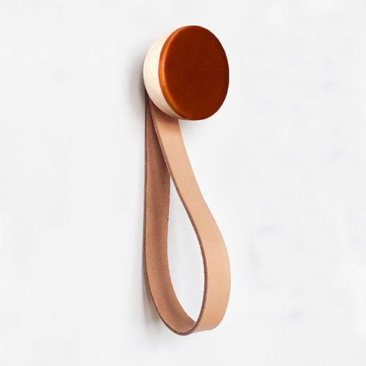 Round Beech Wood & Ceramic Wall Mounted Coat Hook / Hanger with Leather Strap - Dark Terracotta Orange