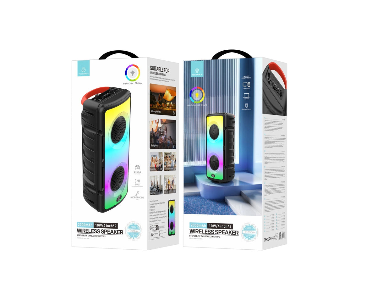 Techancy Altifalante Bluetooth Sem Fios  TH2636, Altifalante De 2*4 Polegadas, Som Estéreo Tws, Ritmos De Luz Led,