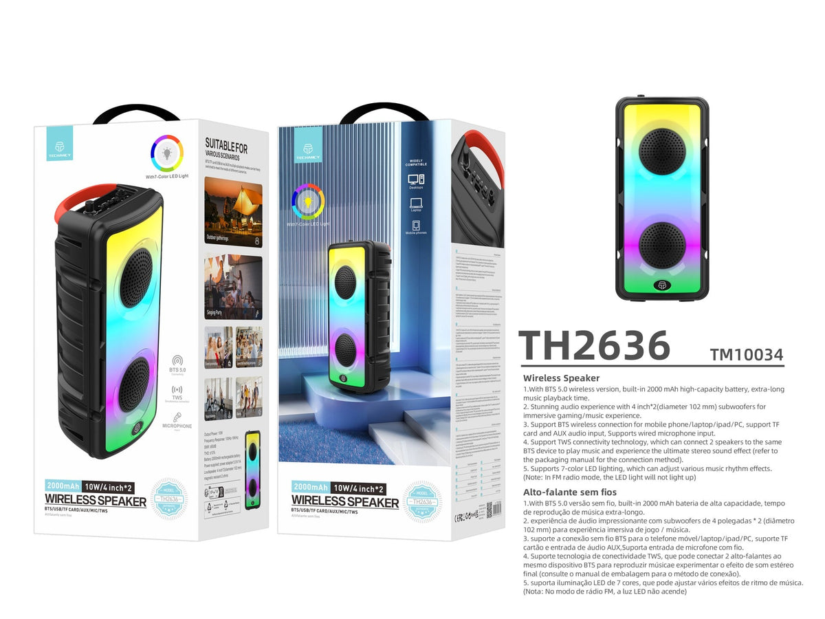 Techancy Altifalante Bluetooth Sem Fios  TH2636, Altifalante De 2*4 Polegadas, Som Estéreo Tws, Ritmos De Luz Led,